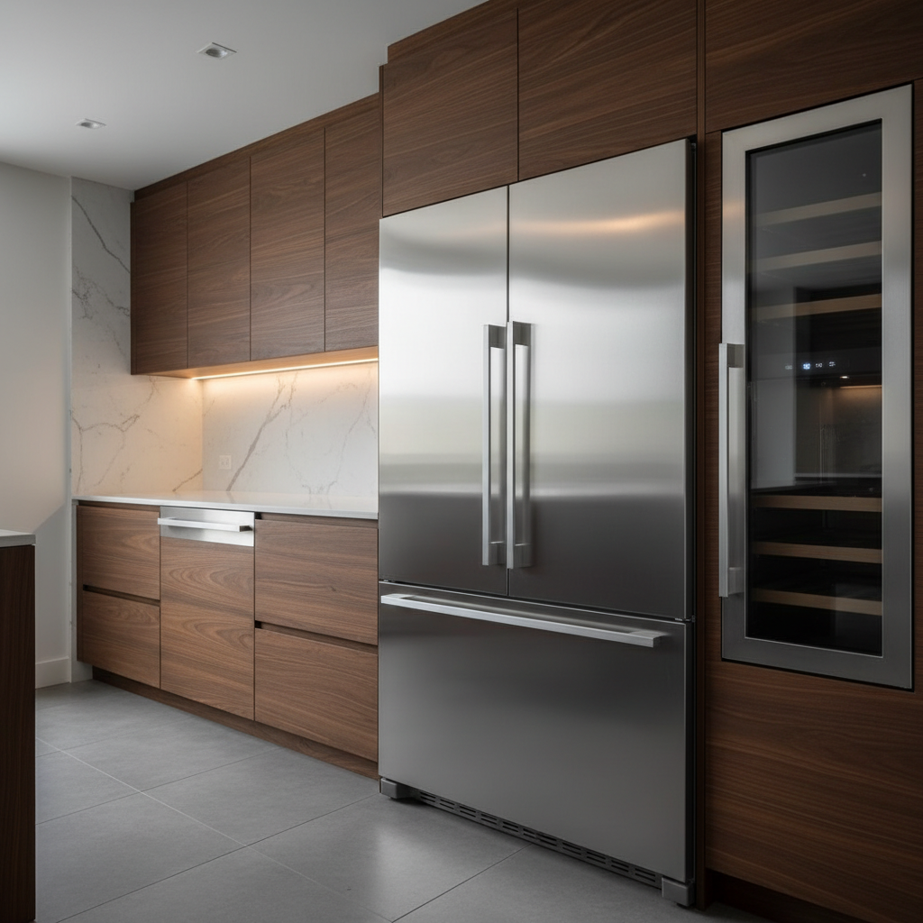 Built-in refrigerator and wine cooler in a high-end kitchen