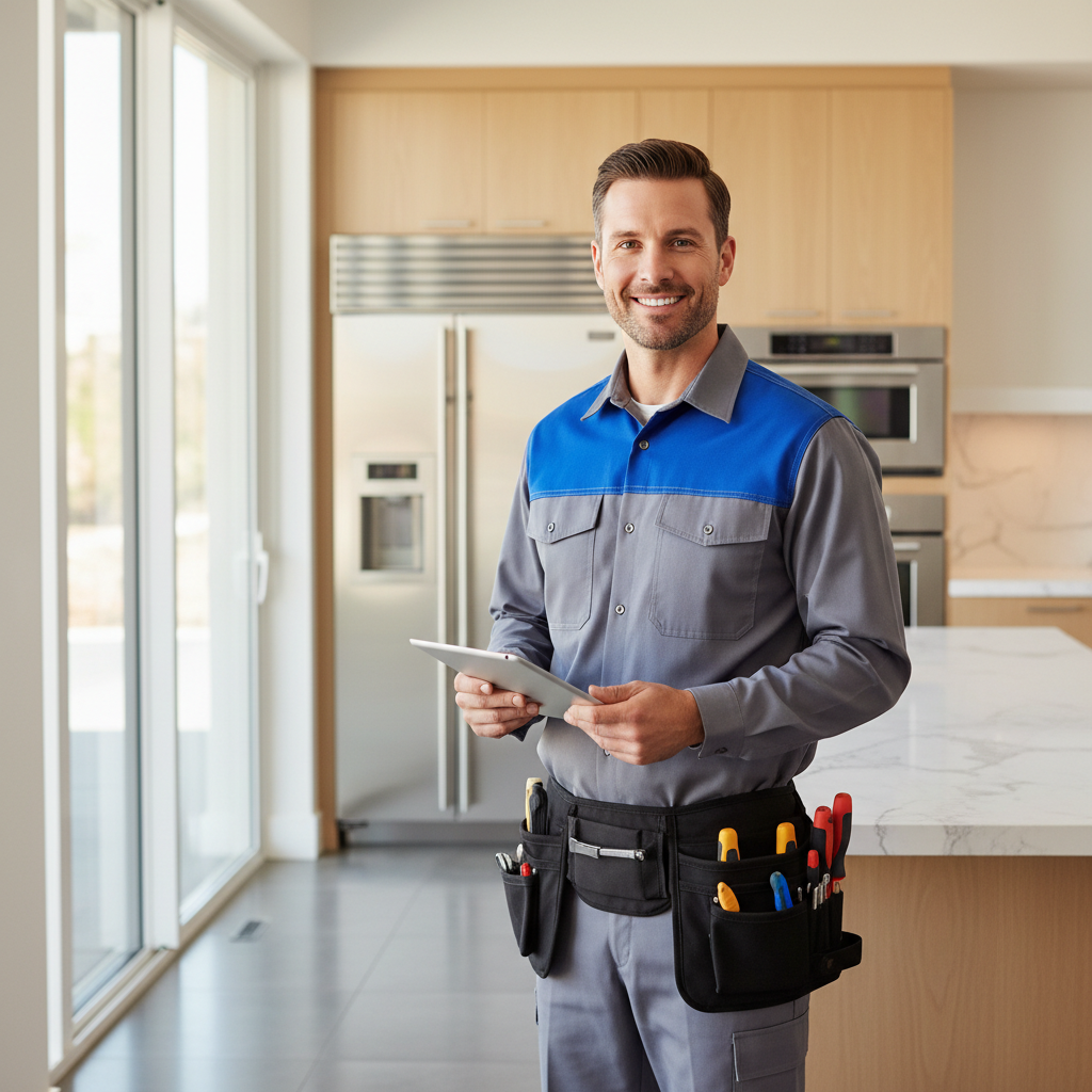 Smiling appliance repair technician in a modern kitchen